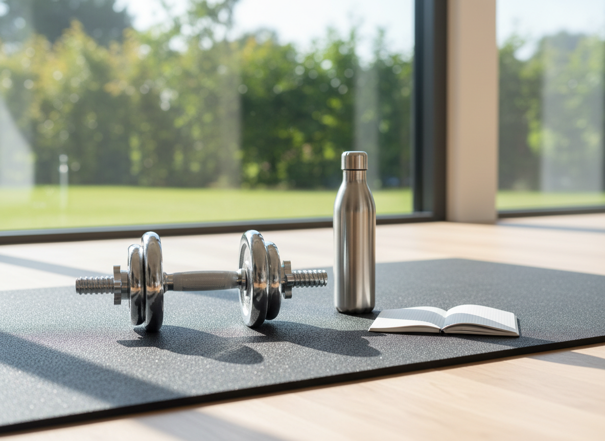 Gym dumbbell and water bottle for getting wedding ready