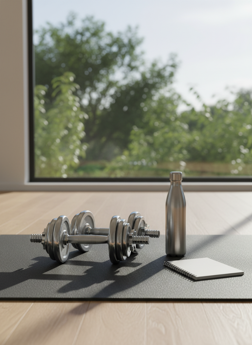 A neatly arranged pair of adjustable chrome dumbbells resting on a charcoal-grey rubber gym mat, beside a sleek stainless-steel water bottle and a small open notebook with a visible grid pattern but no readable text. The scene is set in a bright, modern home training space with light oak flooring and a large window revealing soft greenery outside. Mid-morning natural light pours in, creating crisp highlights on the metal surfaces and soft shadows on the floor. Photographed at eye level with a shallow depth of field, the foreground equipment is in sharp focus while the background fades into a gentle blur, evoking a professional, aspirational, and confident fitness atmosphere in clean photographic realism.