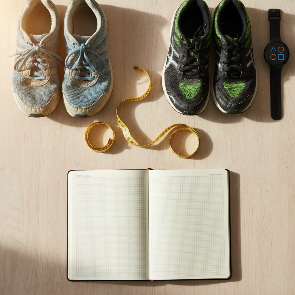 A transformation-themed flat lay on a light wooden floor: a pair of slightly worn running shoes beside a newer, sleeker pair; a flexible measuring tape forming a loose spiral; a blank progress journal open to a grid layout with no text; and a smart fitness watch displaying simple geometric icons instead of numbers. Soft afternoon light from an unseen window casts warm, gentle shadows, highlighting textures in the fabric and rubber. Shot directly from above for a perfect bird’s-eye view, the composition is carefully balanced to suggest a health journey from first steps to confident progress, presented in crisp, motivational photographic realism.