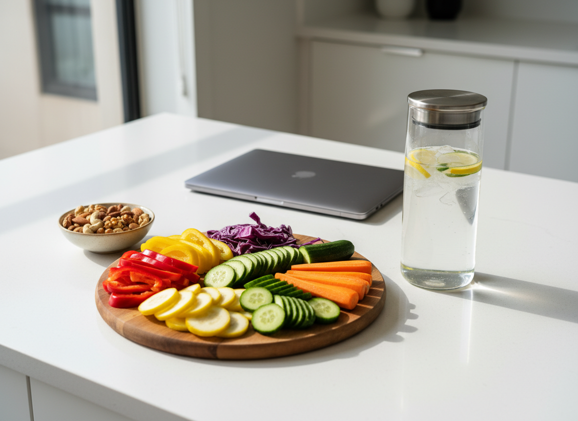 A minimalist kitchen countertop scene featuring a wooden chopping board covered with precisely sliced colorful vegetables, a small bowl of mixed nuts, and a clear glass container of infused water with lemon and cucumber slices. Behind them, a closed silver laptop sits on a spotless white quartz counter, symbolizing online nutrition guidance. Soft daylight from a nearby window illuminates the fresh produce, creating delicate reflections on the glass and subtle shadows along the counter edge. Captured from a slightly elevated angle with a balanced composition, the image feels clean, modern, and professional, embodying the idea of practical, evidence-based nutrition support in vivid photographic realism.